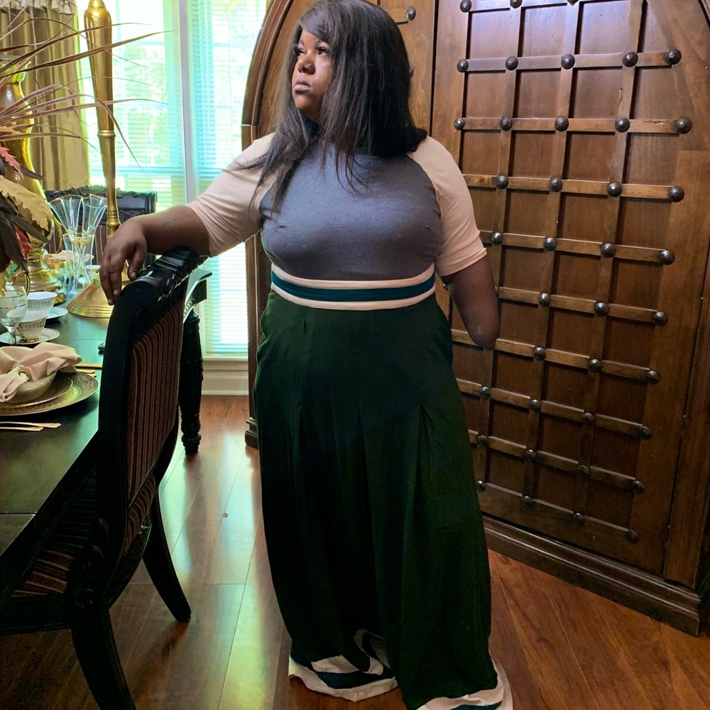 Maxi dress. Cream, gray and dark green dress